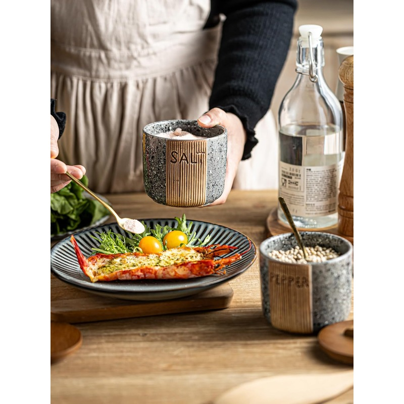 Ceramic salt and pepper bowl set with marble-look grey wood lid