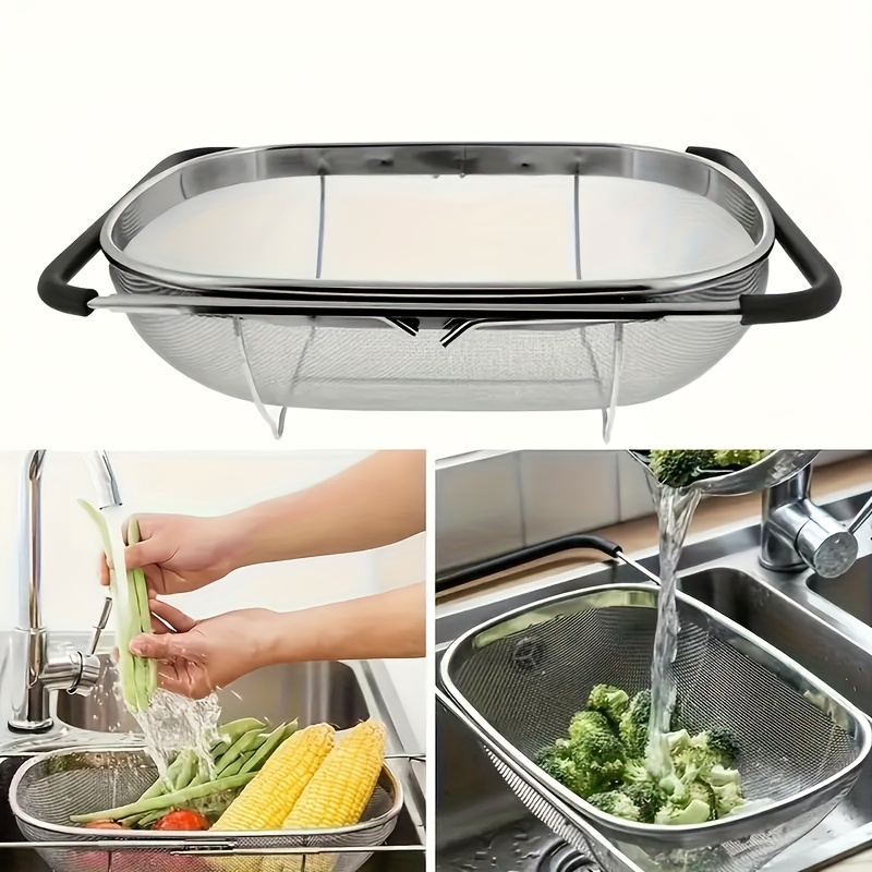 Large Stainless Steel Sink Strainer Basket with Extendable Handle - Multi-Purpose Draining and Storage, Food-Safe Metal Filter for Fruits and Vegetables, Kitchen Essential, Vegetable Washing Basket | Modern Kitchenware | Durable Kitchen Item, Vegetable Wa