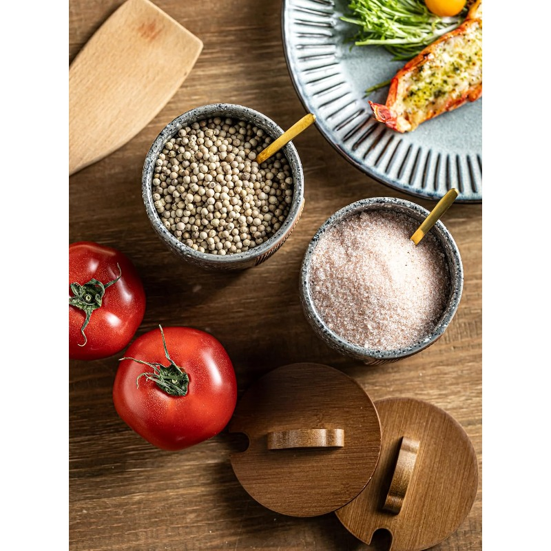 Ceramic salt and pepper bowl set with marble-look grey wood lid