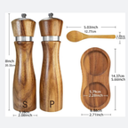 Salt and pepper grinder set, refillable salt grinder, comes with wooden tray and spoon.