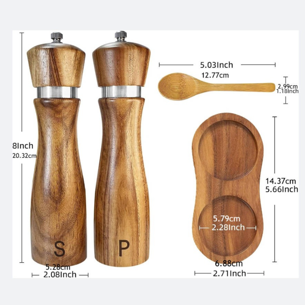 Salt and pepper grinder set, refillable salt grinder, comes with wooden tray and spoon.