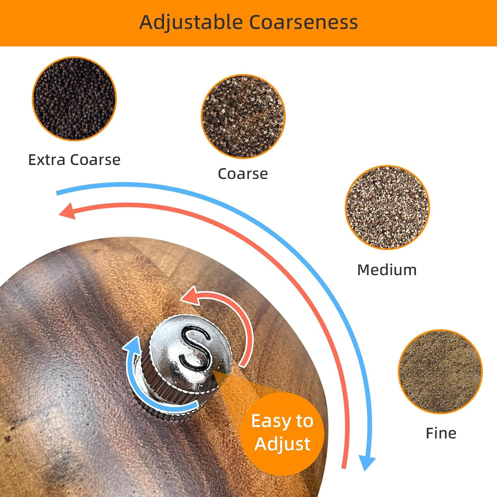 Salt and pepper grinder set, refillable salt grinder, comes with wooden tray and spoon.