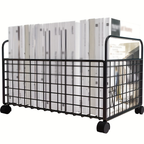 Durable metal bookshelf with mesh magazine basket and wheels; stackable.
