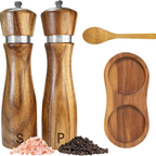 Salt and pepper grinder set, refillable salt grinder, comes with wooden tray and spoon.