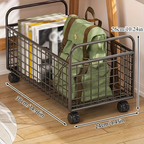 Durable metal bookshelf with mesh magazine basket and wheels; stackable.