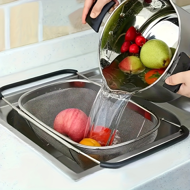 Large Stainless Steel Sink Strainer Basket with Extendable Handle - Multi-Purpose Draining and Storage, Food-Safe Metal Filter for Fruits and Vegetables, Kitchen Essential, Vegetable Washing Basket | Modern Kitchenware | Durable Kitchen Item, Vegetable Wa