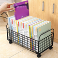 Durable metal bookshelf with mesh magazine basket and wheels; stackable.