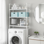 Four-tier bathroom shelf with metal frame and adjustable top shelf.