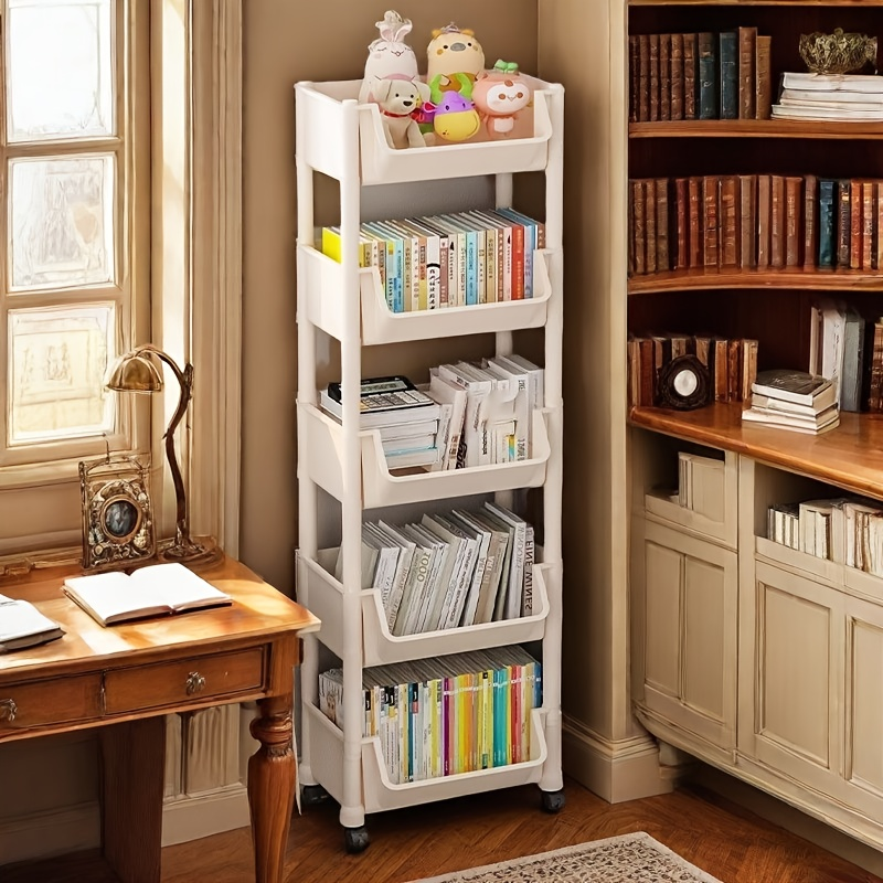 White three-tier bookshelf with wheels - freestanding vertical storage rack