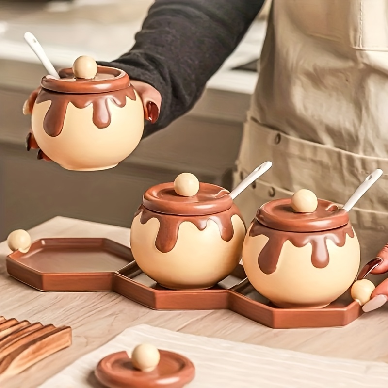 Ceramic spice jars with spoons - beige and brown kitchen decor, mini spice jars