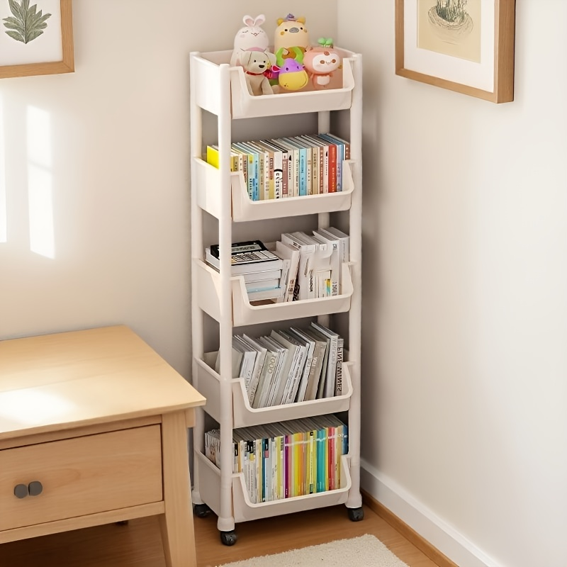 White three-tier bookshelf with wheels - freestanding vertical storage rack