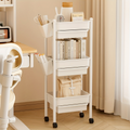 Three-tiered bookshelf with wheels, and includes two pen holders.