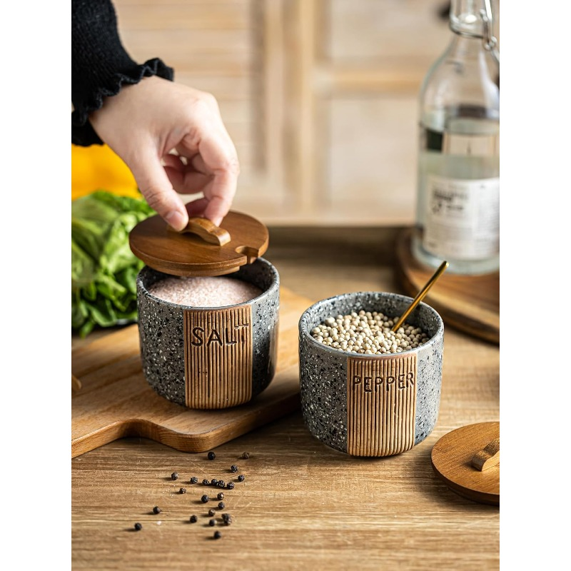 Ceramic salt and pepper bowl set with marble-look grey wood lid