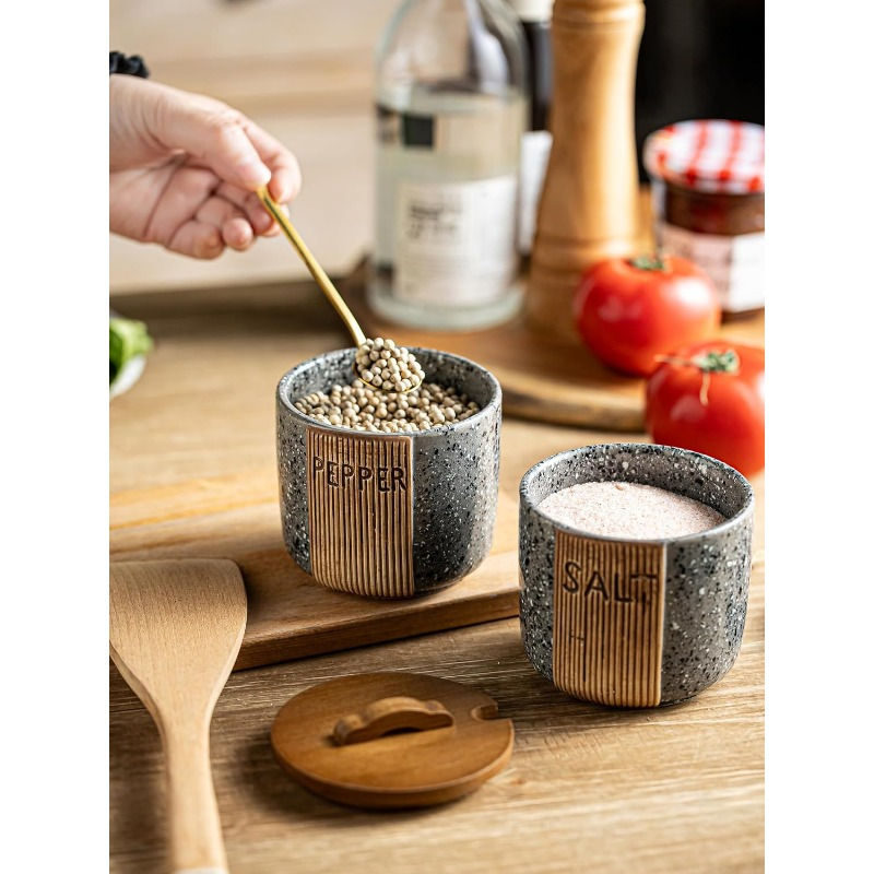 Ceramic salt and pepper bowl set with marble-look grey wood lid