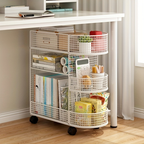 Three-tier metal bookshelf with casters - a space-saving under-desk storage organizer.