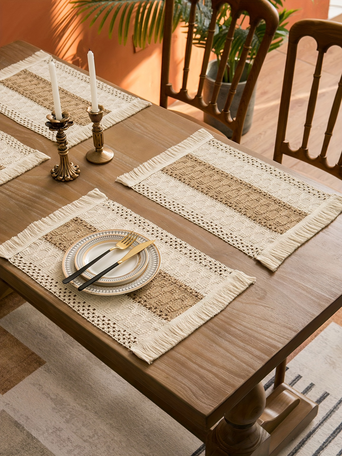 4/6-piece Bohemian-style linen placemat set, chic hand-woven linen blend placemats