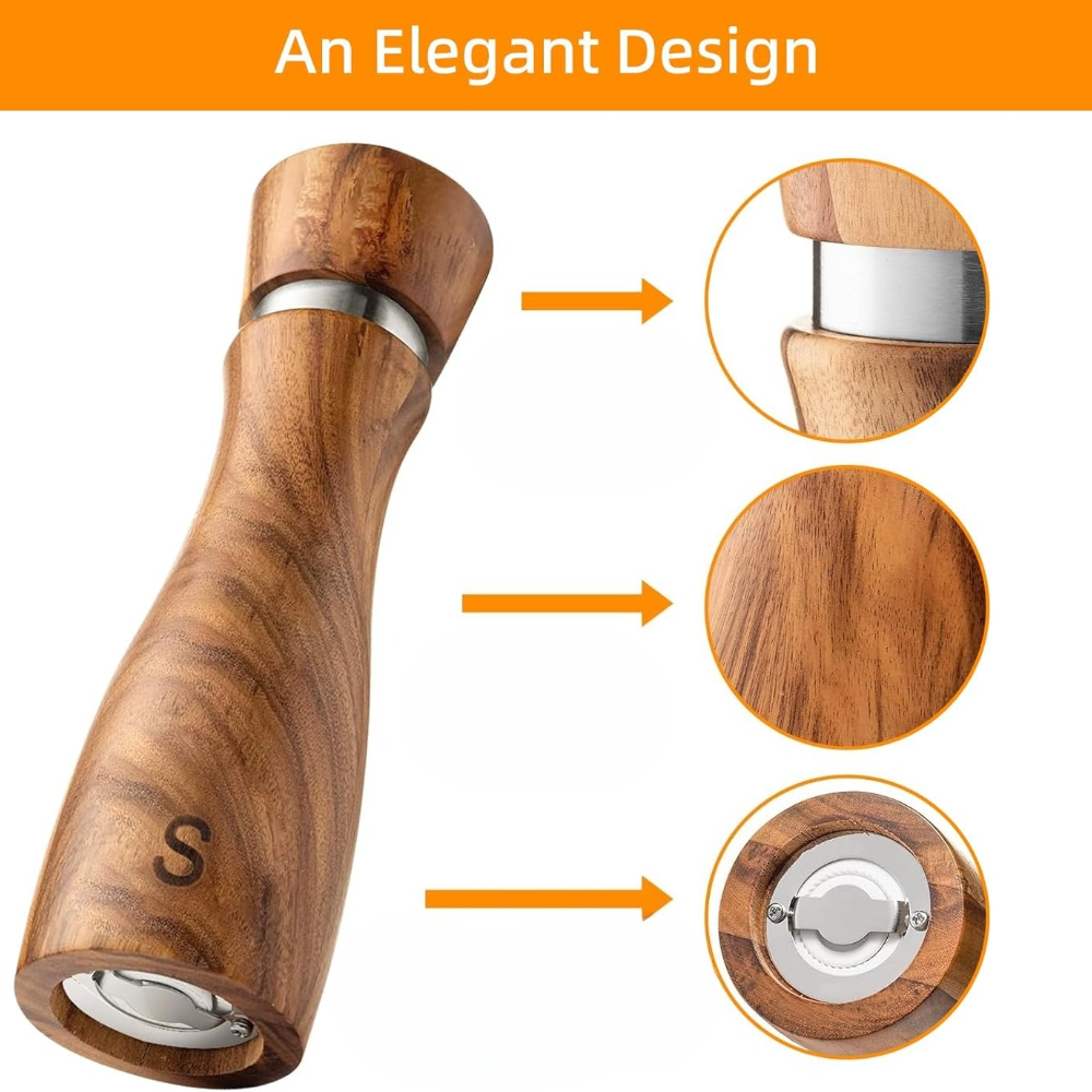 Salt and pepper grinder set, refillable salt grinder, comes with wooden tray and spoon.