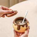 Ceramic spice jars with spoons - beige and brown kitchen decor, mini spice jars