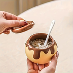 Ceramic spice jars with spoons - beige and brown kitchen decor, mini spice jars