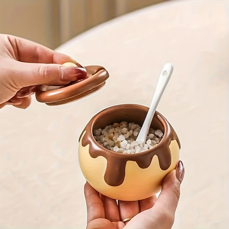 Ceramic spice jars with spoons - beige and brown kitchen decor, mini spice jars