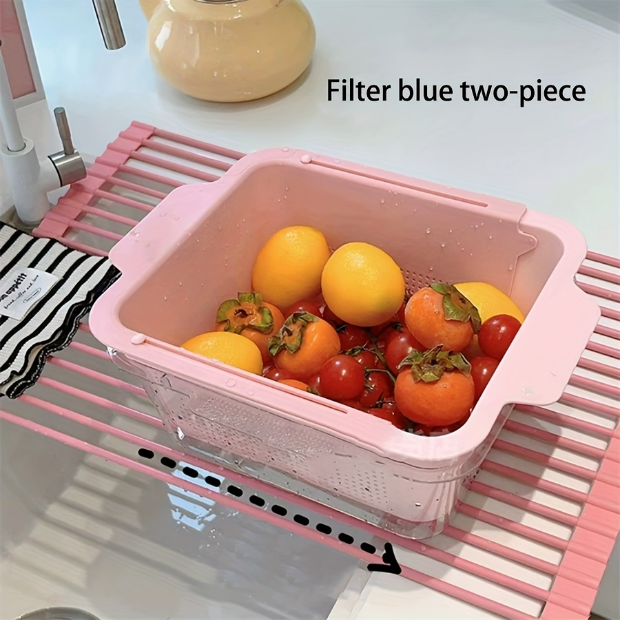 2 Adjustable Plastic Sink Drain Baskets - Retractable Kitchen Drain Rack with Handle
