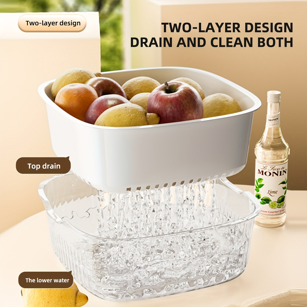 1pc Multifunctional Double Layer Drain Basket Vegetable Basket, Kitchen Use Washing Basin Rice Storage Water Basket, Plastic Draining Basket, Suitable for Kitchen, Living Room, Drainage Basket