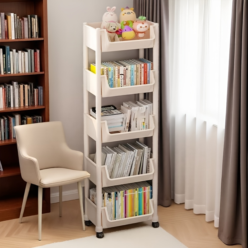 White three-tier bookshelf with wheels - freestanding vertical storage rack