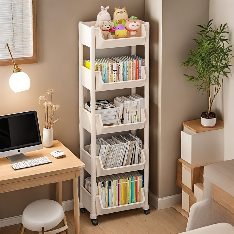 White three-tier bookshelf with wheels - freestanding vertical storage rack
