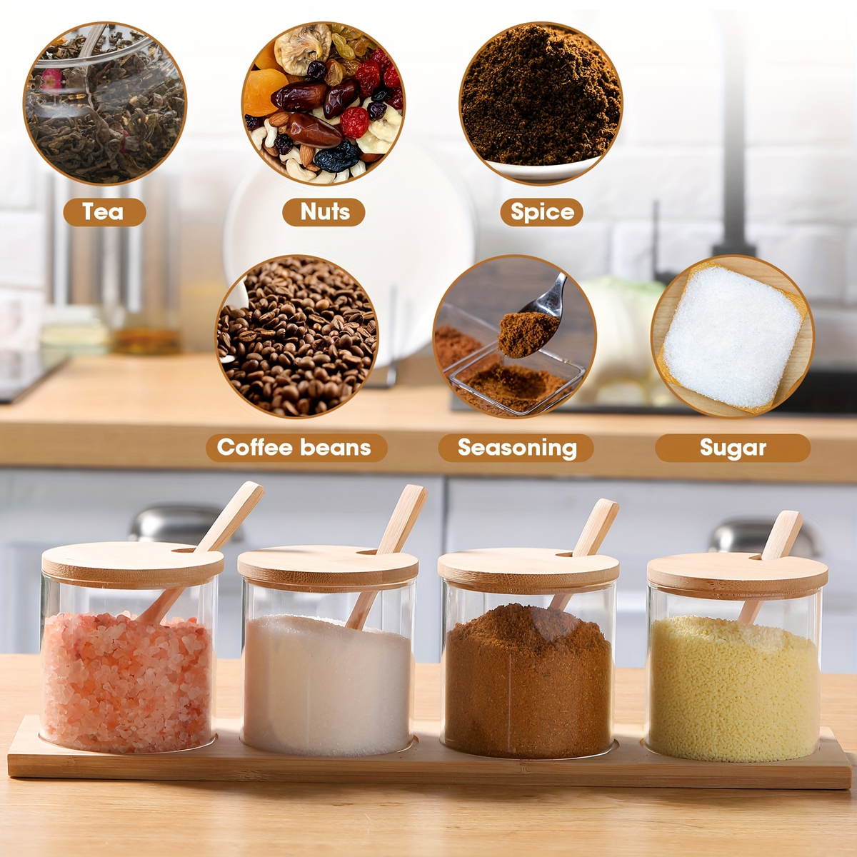 Eight 10-ounce clear glass spice jars with wooden lids and spoons.