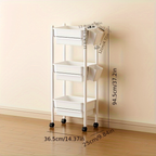 Three-tiered bookshelf with wheels, and includes two pen holders.